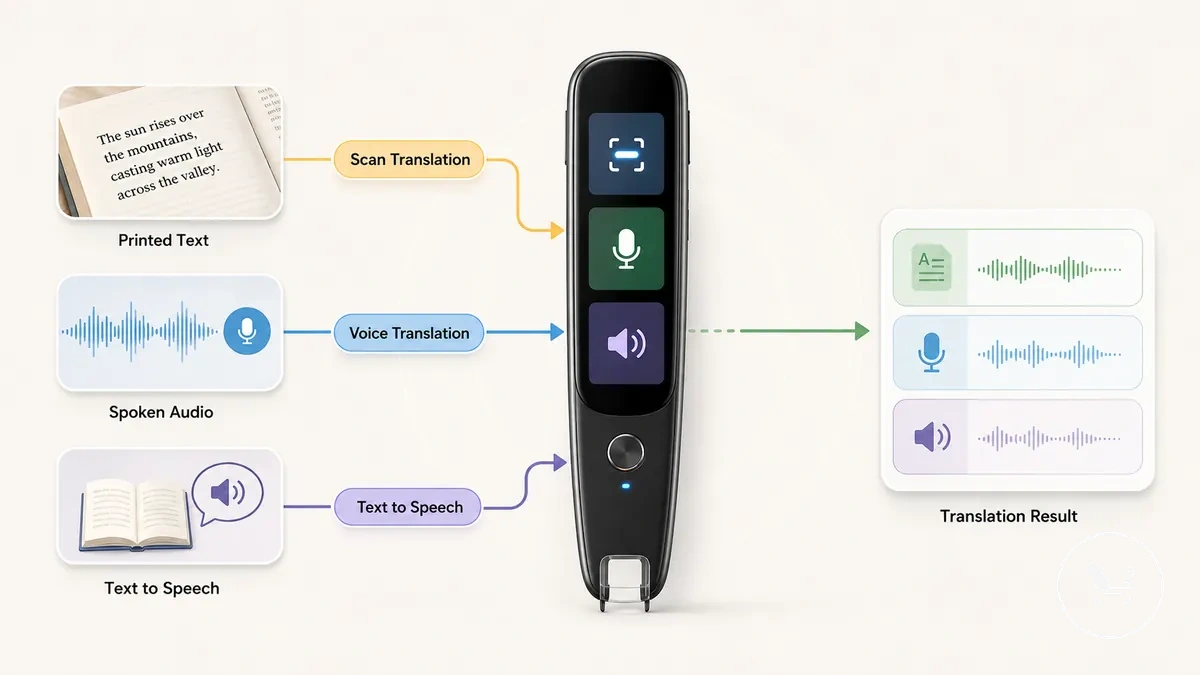 translator pen feature graphic comparing scan translation voice translation and text-to-speech