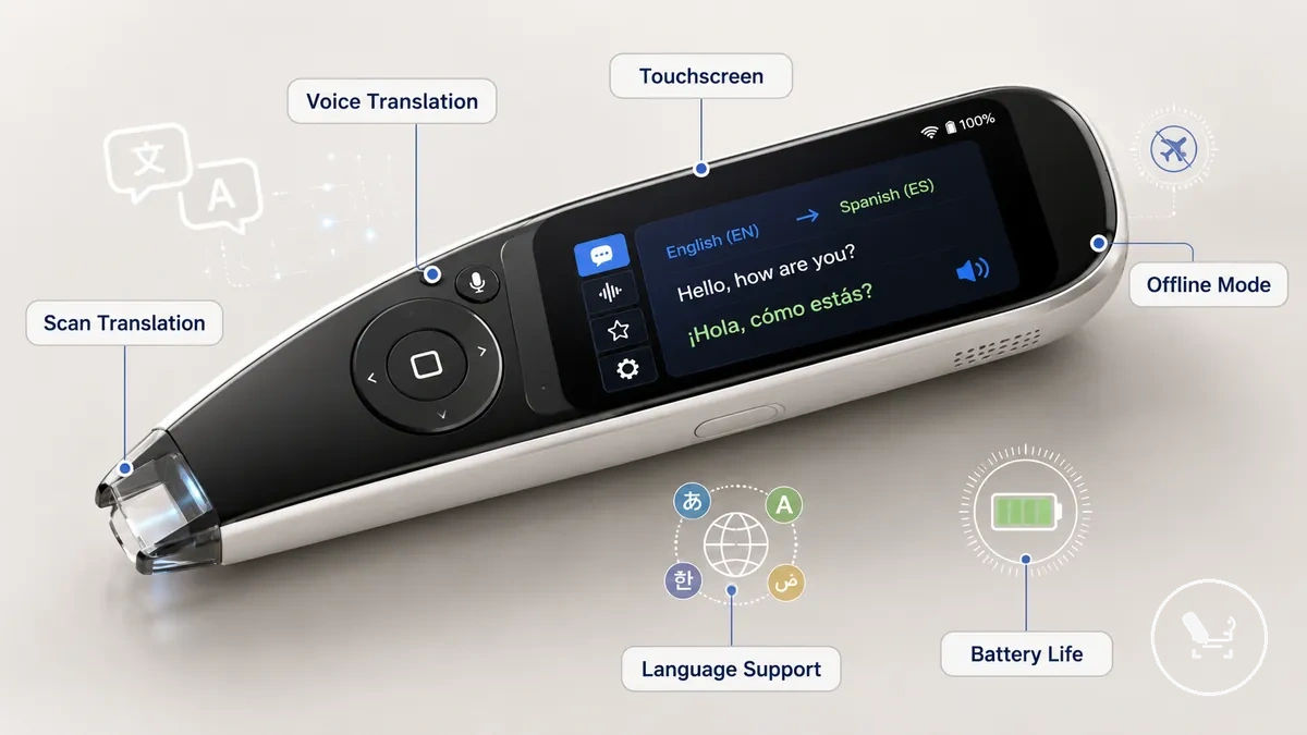 labeled translator pen showing screen, scanner tip, controls, and feature groups
