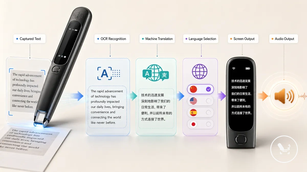 Diagram showing OCR recognition, machine translation, and screen output in a translator pen