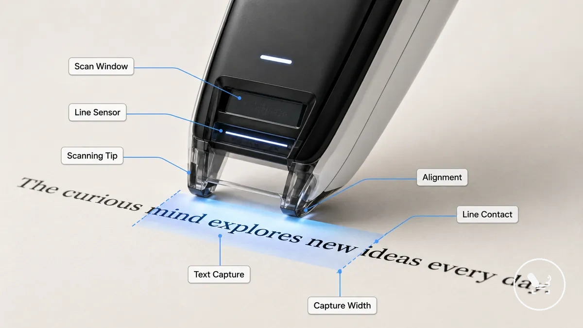 Annotated translator pen scan window and line sensor capturing printed text