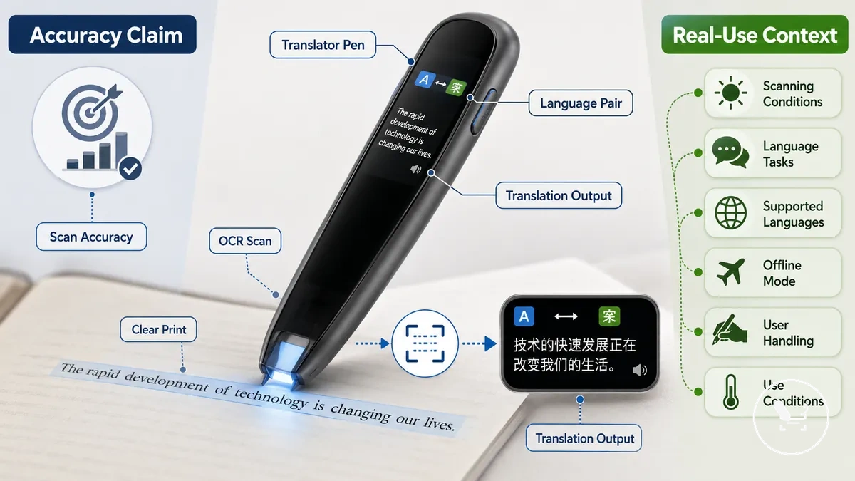Accuracy claim checked against scanning condition and language task for a translator pen