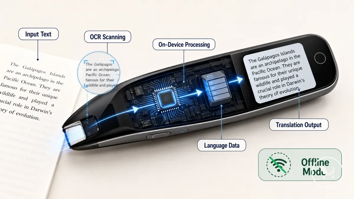 Offline translator pen on-device processing and OCR scanning workflow