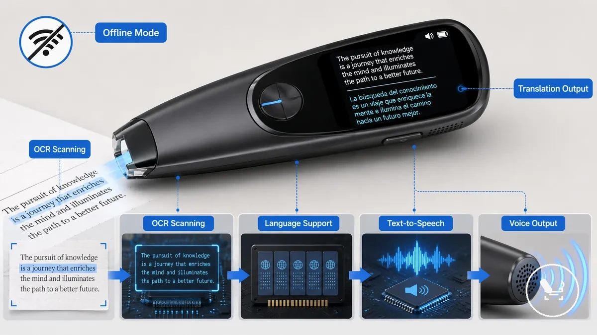 Offline translator pen OCR scanning and text to speech functions