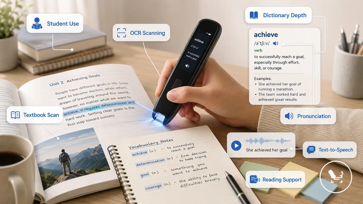 student using translator pen to scan textbook text for study support