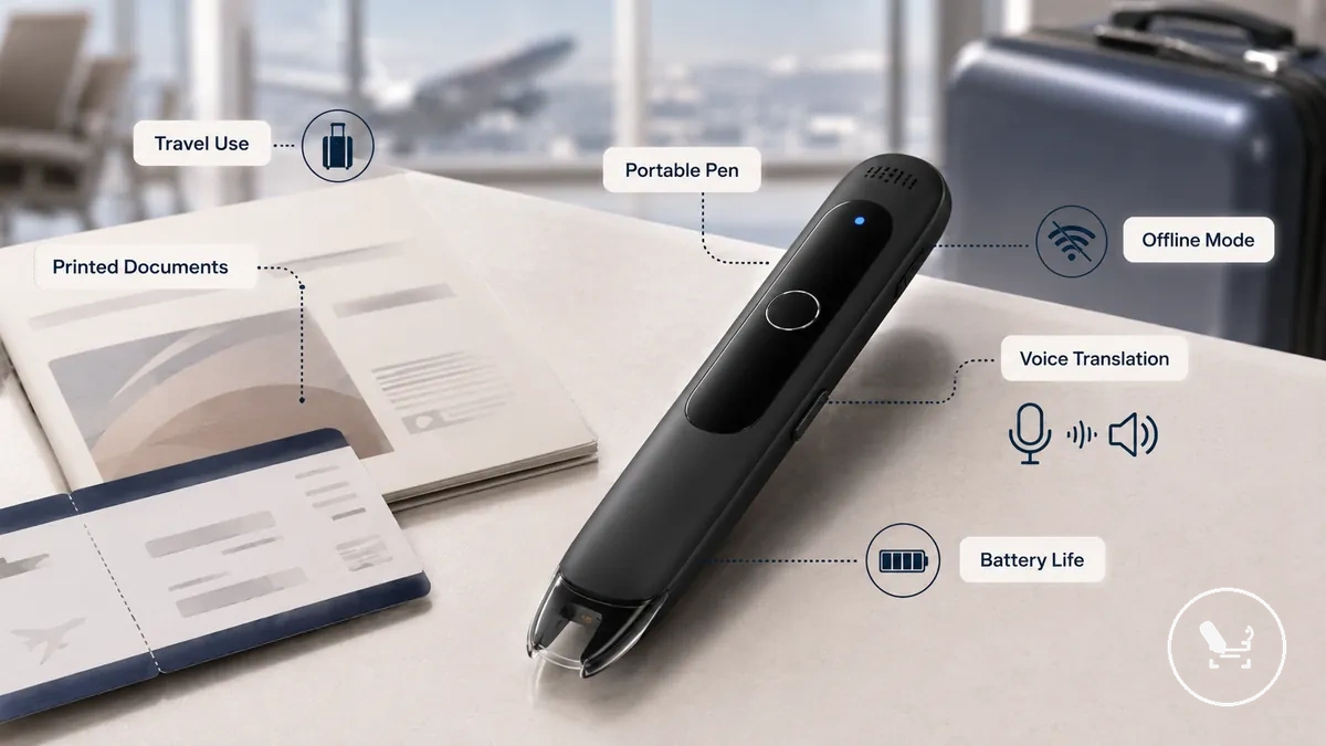 portable translator pen used with printed travel documents