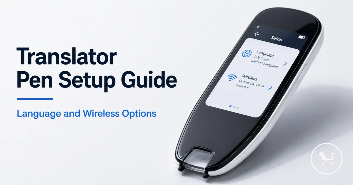 Translator pen setup screen with language selection and wireless connection options.