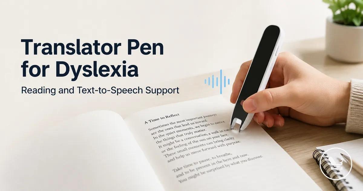 Translator pen used on printed text to support reading and text-to-speech assistance.