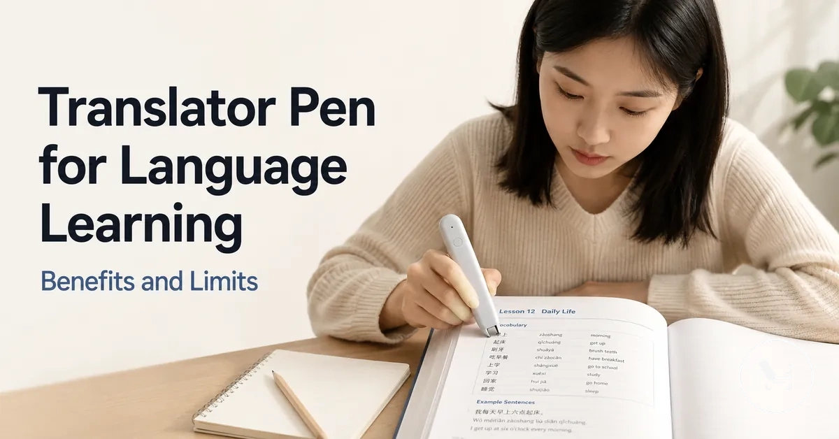 Language learner using a translator pen to scan vocabulary in a printed lesson book.