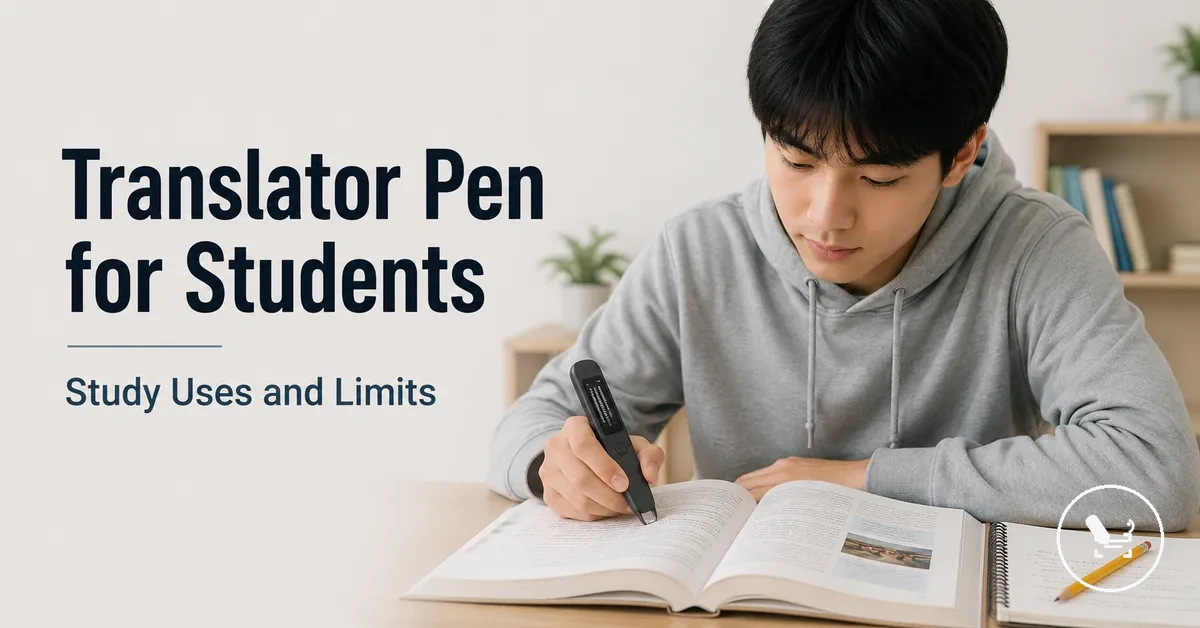 Student using a translator pen on a textbook for study and reading support.