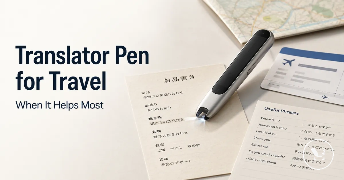 Portable translator pen used with travel documents and printed foreign-language text.