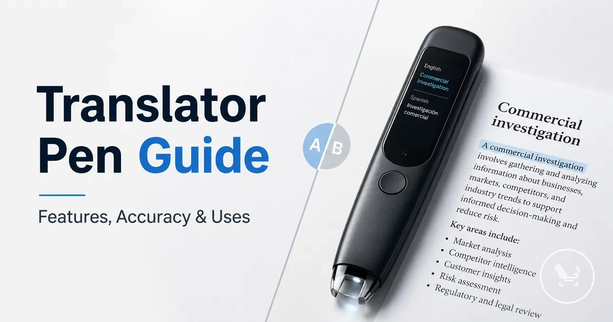 Translator pen shown with scanning tip, screen, and printed text for comparison.