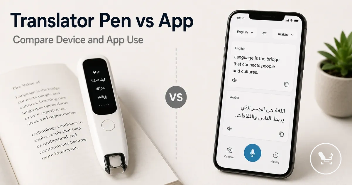 Translator pen beside a smartphone translation app for comparing device and app use.