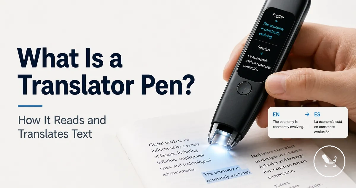 Translator pen scanning printed words to show how the device reads and translates text.