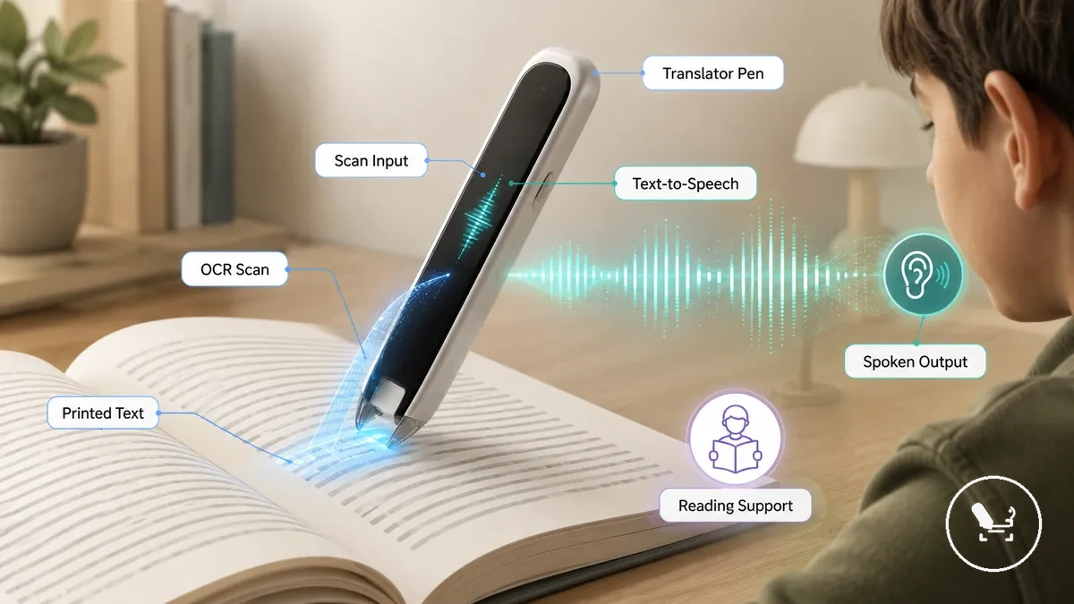 Bolígrafo traductor escaneando texto impreso para apoyo a la lectura para dislexia
