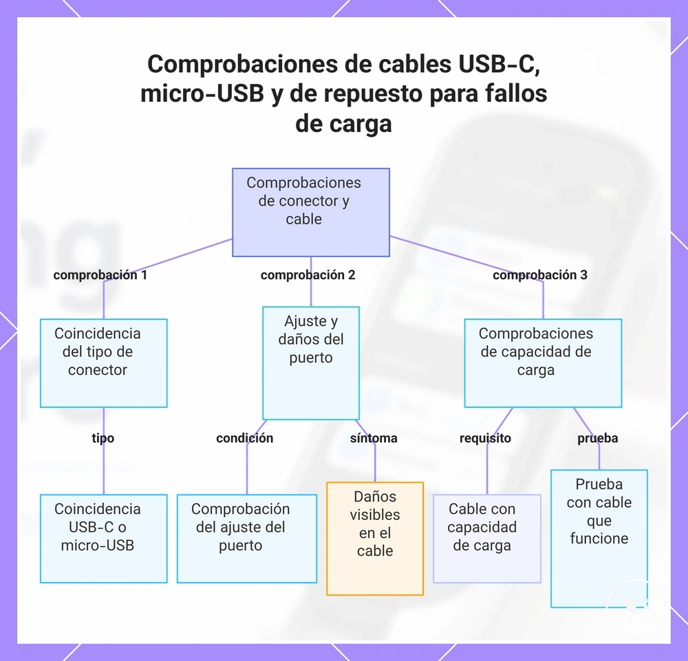 Comprobaciones de cables USB-C, micro-USB y de repuesto para fallos de carga