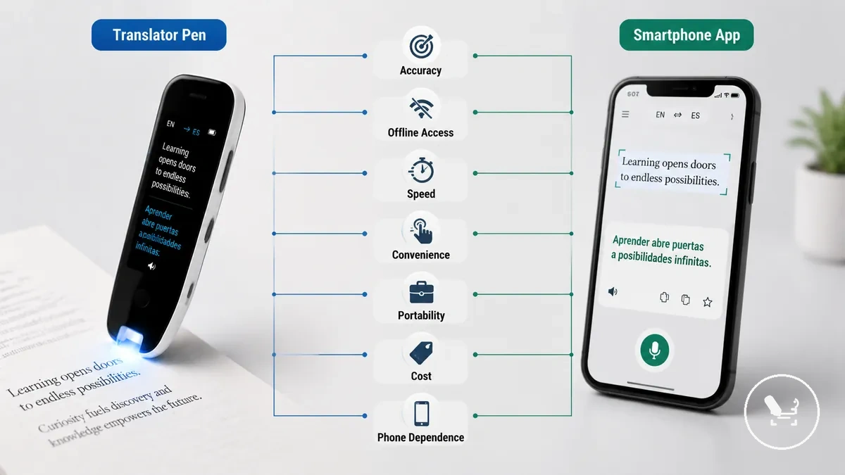 Gráfico comparativo que muestra los criterios para elegir entre un bolígrafo traductor y una app de traducción