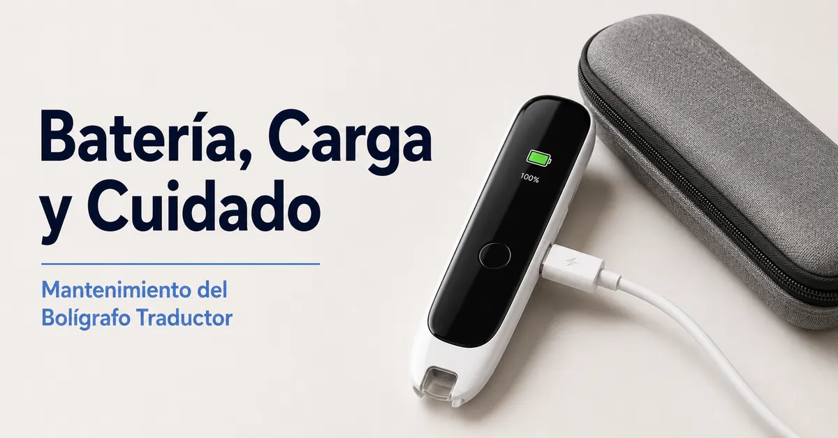 Bolígrafo traductor conectado a un cable de carga junto a una funda limpia.