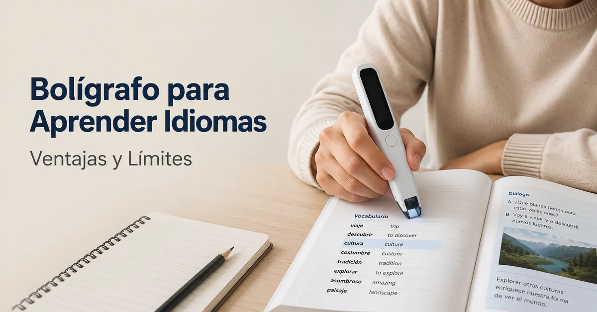 Persona aprendiendo idiomas con un bolígrafo traductor para escanear vocabulario en una lección impresa.