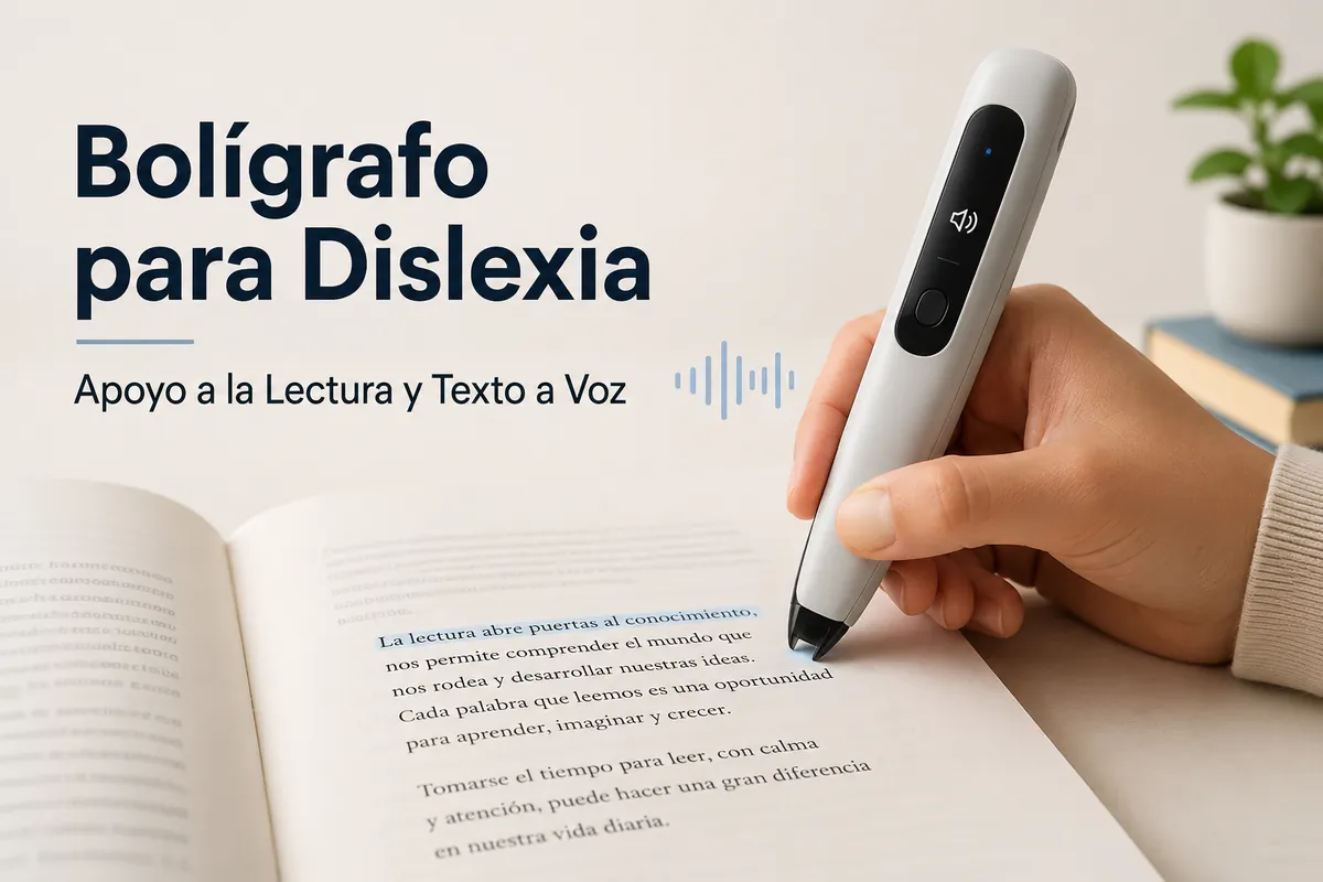Bolígrafo traductor usado sobre texto impreso para apoyar la lectura y la conversión de texto a voz.