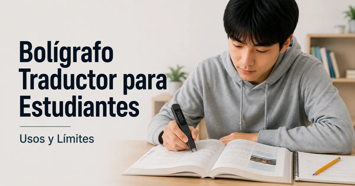 Estudiante usando un bolígrafo traductor sobre un libro de texto para estudiar y apoyar la lectura.