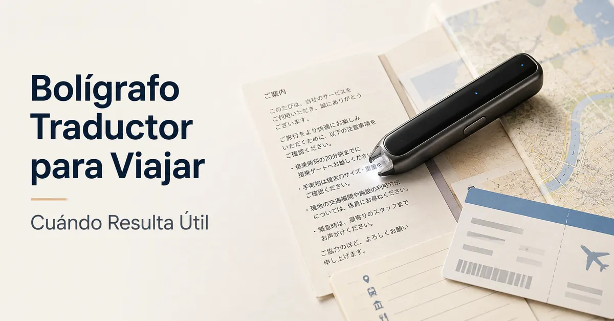 Bolígrafo traductor portátil usado con documentos turísticos y texto en otro idioma.