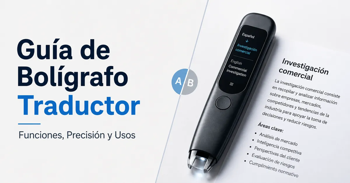 Bolígrafo traductor con punta de escaneo, pantalla y texto impreso para comparar funciones.