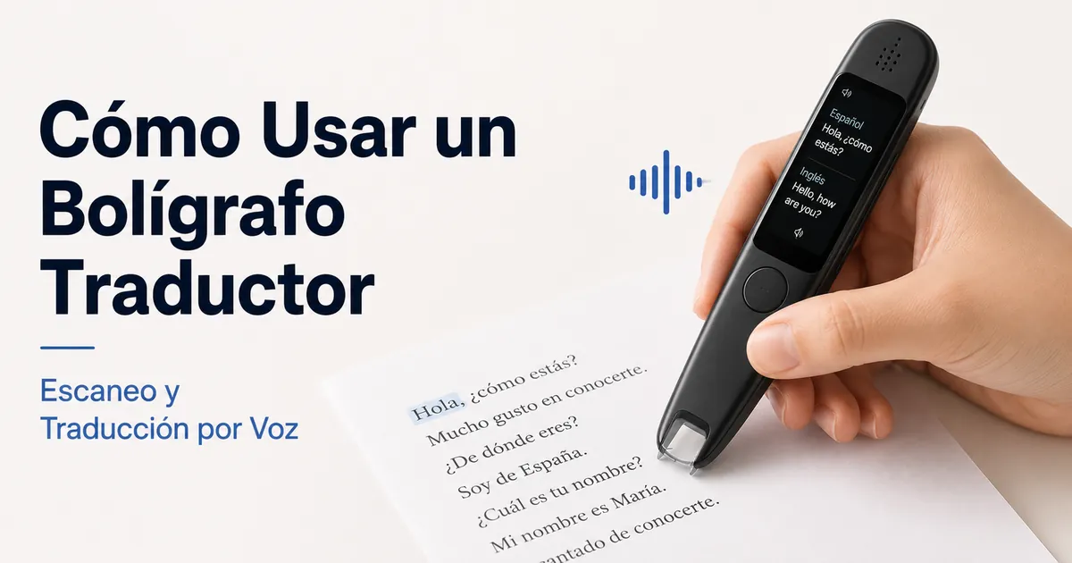 Mano usando un bolígrafo traductor para escanear texto impreso y activar traducción por voz.