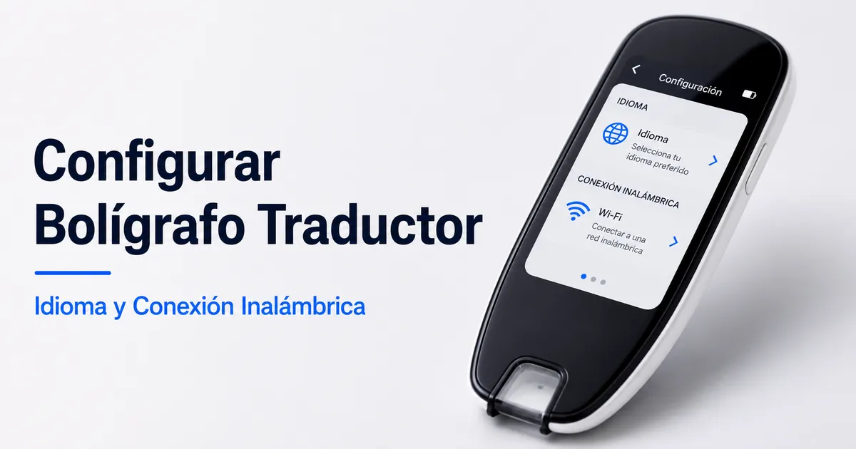 Pantalla de configuración de un bolígrafo traductor con selección de idioma y conexión inalámbrica.