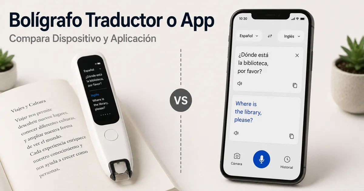Bolígrafo traductor junto a una app de traducción en un móvil para comparar ambos usos.