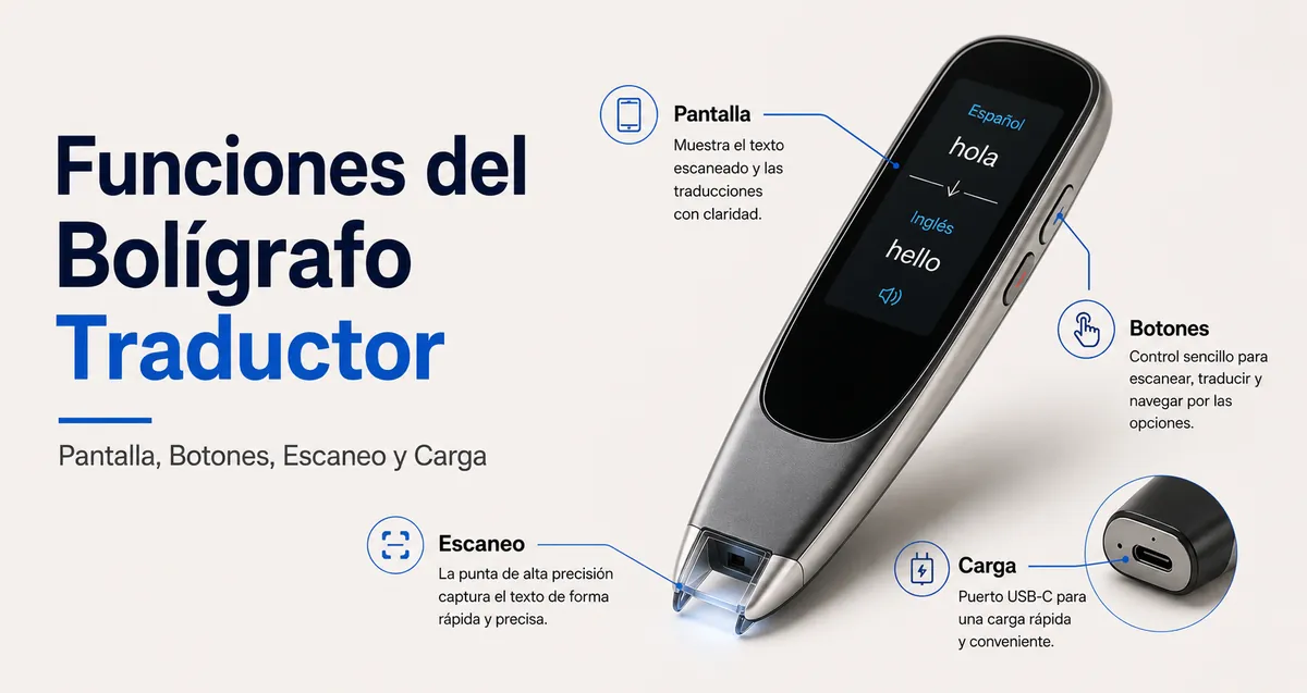 Diseño de funciones de un bolígrafo traductor con pantalla, botones, punta de escaneo y puerto de carga.