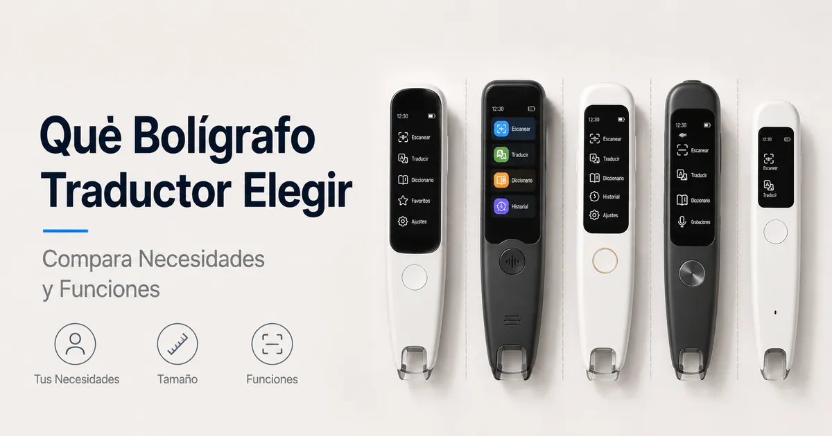 Varios bolígrafos traductores colocados para comparar tamaño, pantalla y funciones de escaneo.