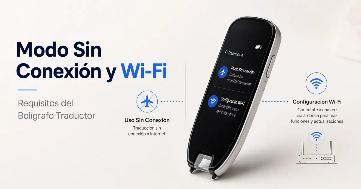 Pantalla de un bolígrafo traductor con modo sin conexión y símbolos de configuración inalámbrica.