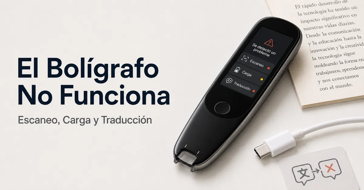 Bolígrafo traductor con pantalla de fallos junto a texto impreso y un cable de carga.