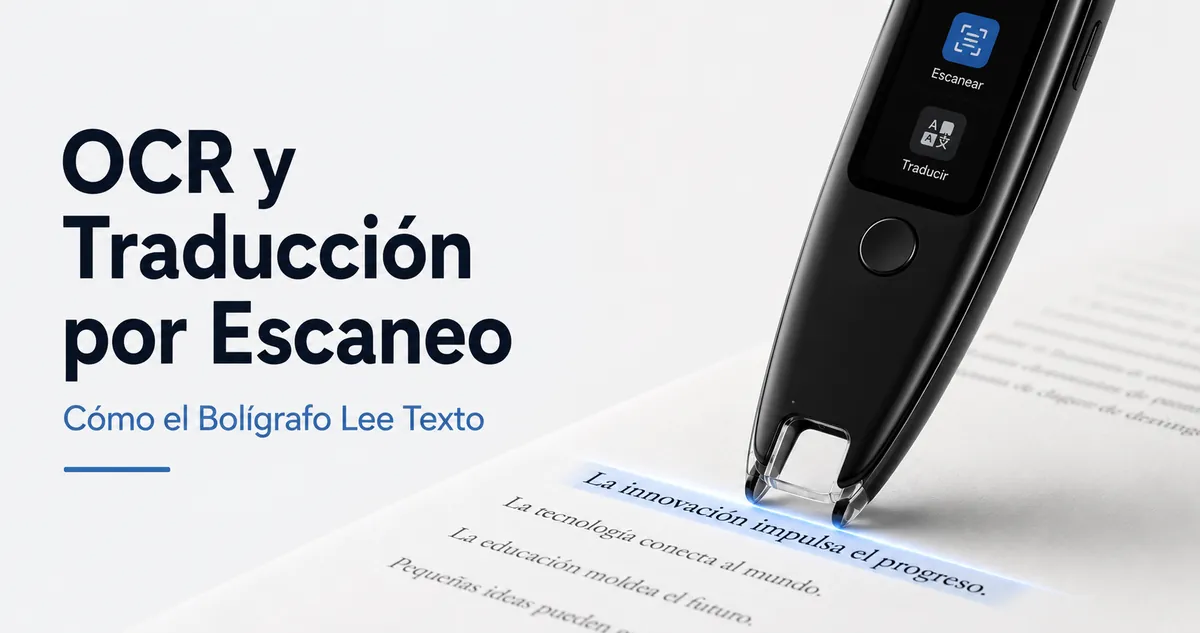 Bolígrafo traductor escaneando una línea de texto impreso con la punta OCR sobre la página.