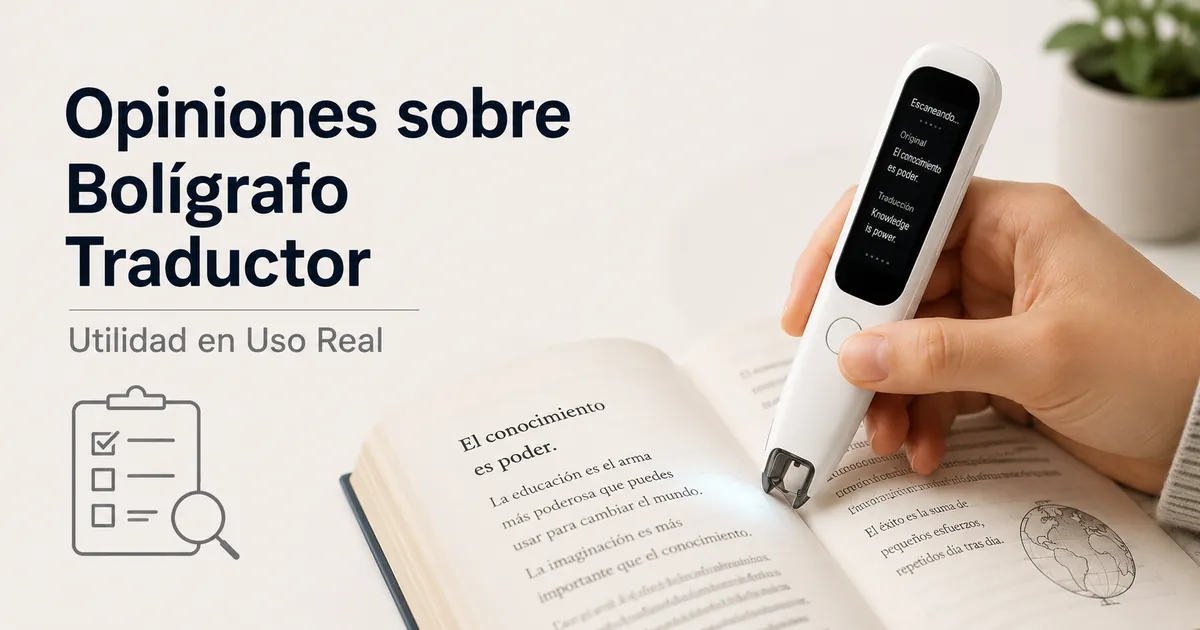 Bolígrafo traductor usado sobre un libro para valorar el escaneo y la lectura en uso real.