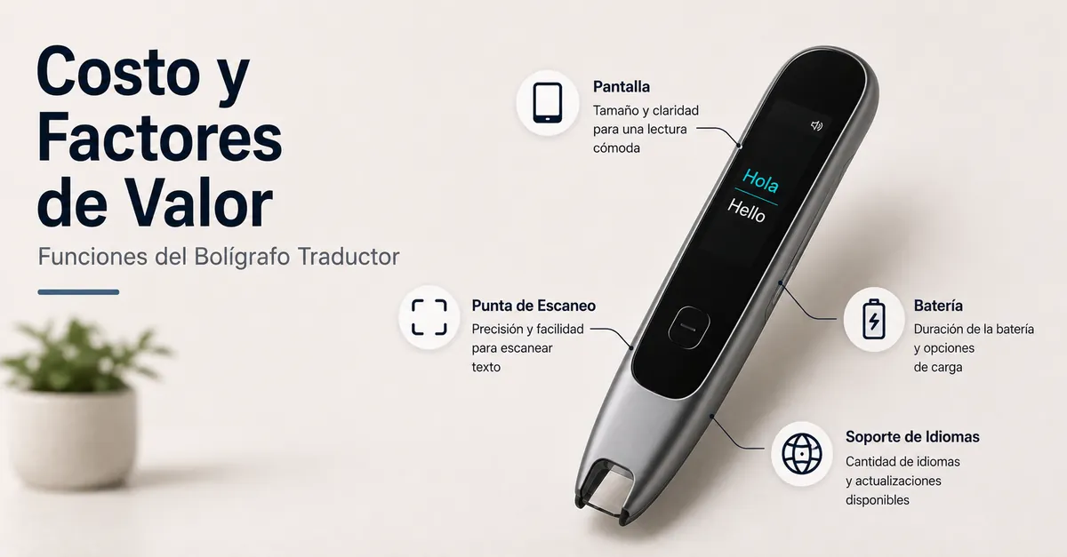 Bolígrafo traductor con indicaciones de funciones para comparar precio y valor.