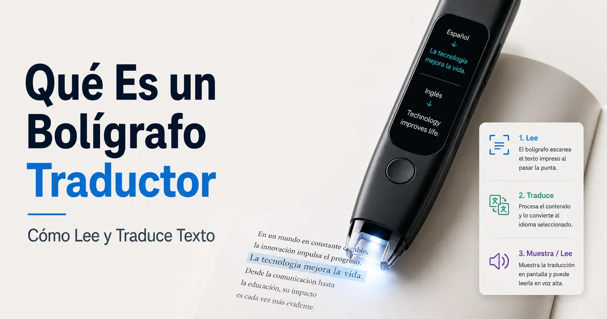 Bolígrafo traductor escaneando palabras impresas para mostrar cómo lee y traduce texto.