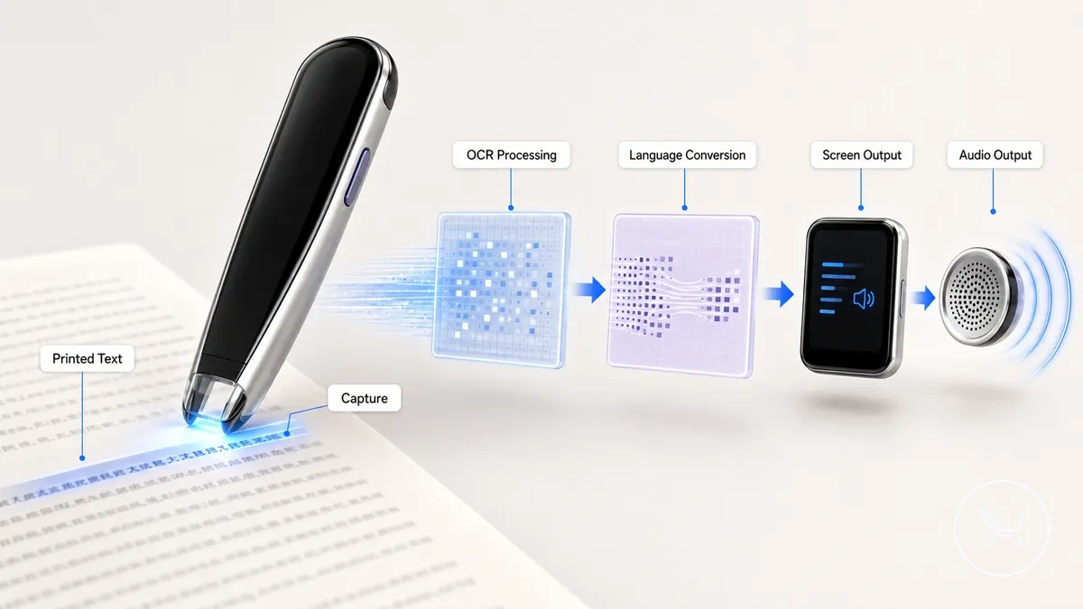 Diagramme de processus montrant un stylo traducteur capturant du texte imprimé et le convertissant en résultat