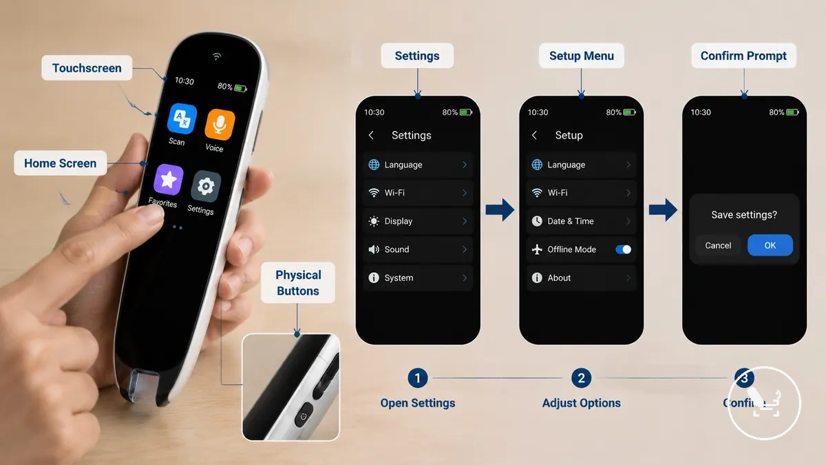 Navigation dans le menu de configuration sur l écran tactile avec icône de paramètres, écran d accueil et invite de confirmation