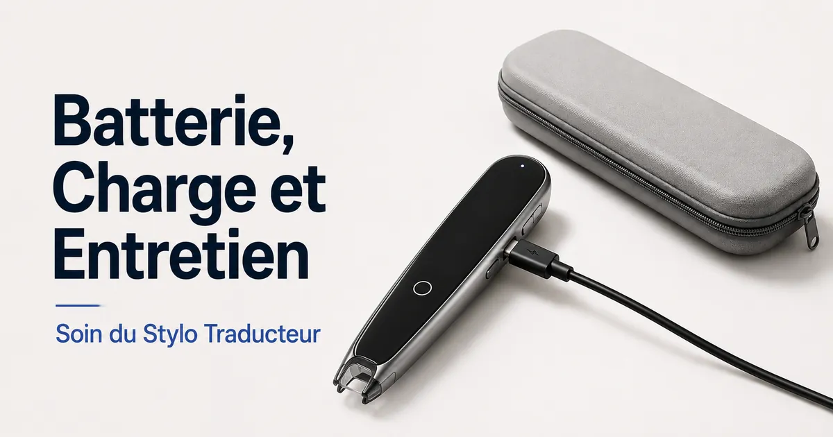 Stylo traducteur branché à un câble de charge à côté d’un étui propre.