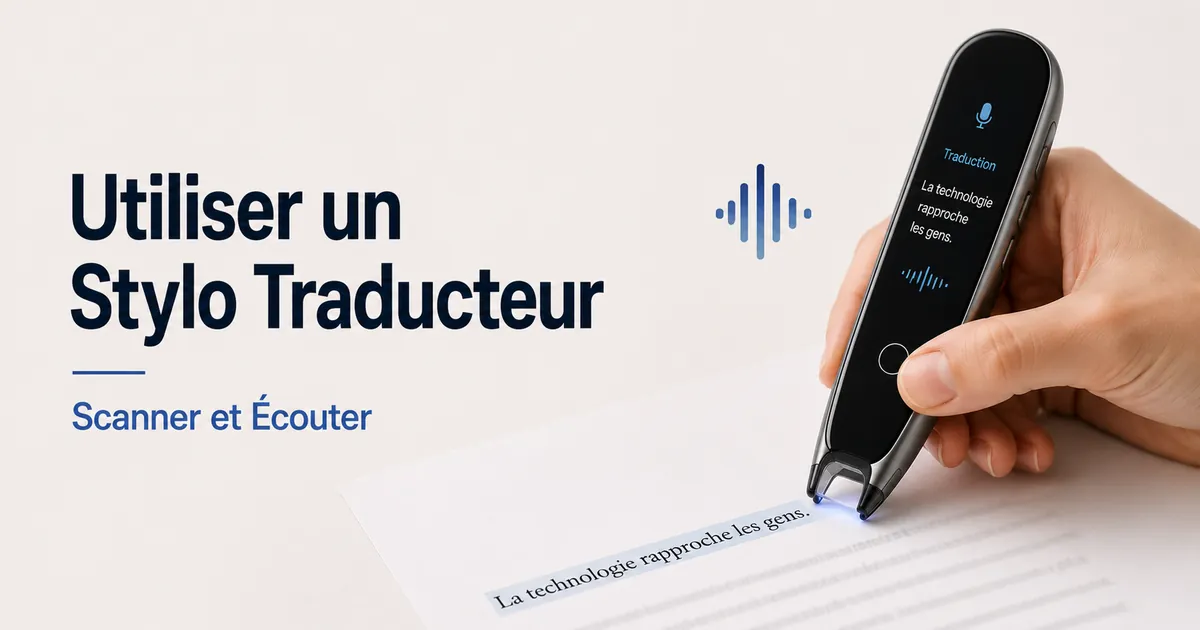 Main utilisant un stylo traducteur pour scanner du texte imprimé et déclencher une traduction vocale.