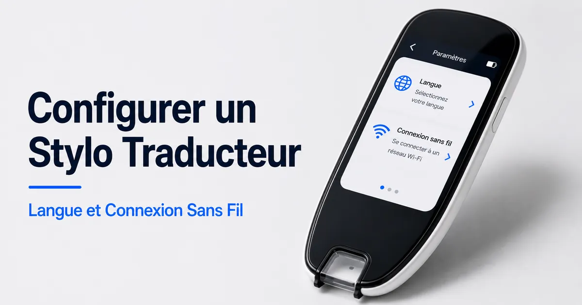 Écran de configuration d’un stylo traducteur avec choix de langue et options de connexion sans fil.