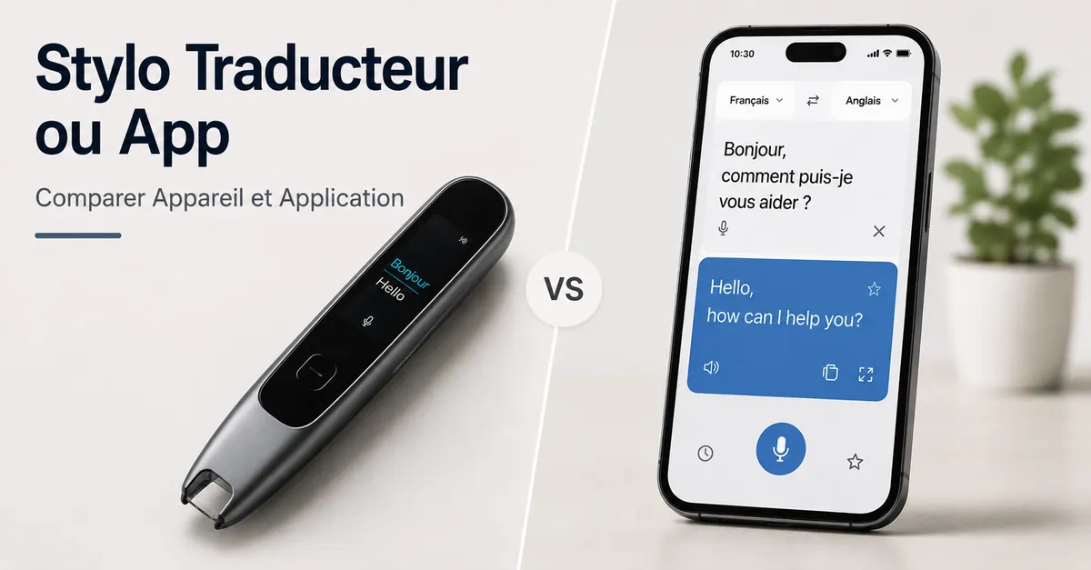 Stylo traducteur à côté d’une application de traduction sur smartphone pour comparer l’appareil et l’application.