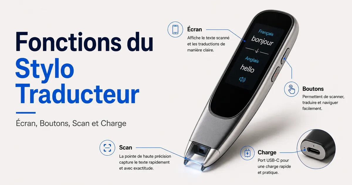 Organisation des fonctions d’un stylo traducteur avec écran, boutons, pointe de scan et port de charge.