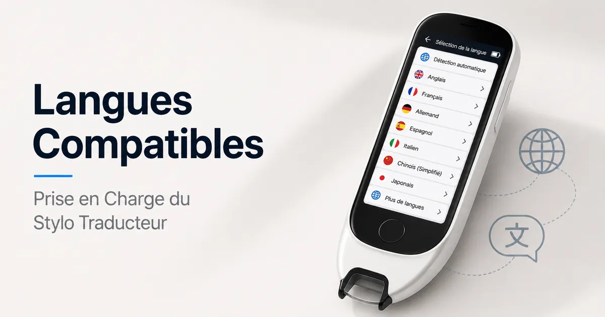 Interface d’un stylo traducteur affichant des options de sélection de langue pour la traduction.