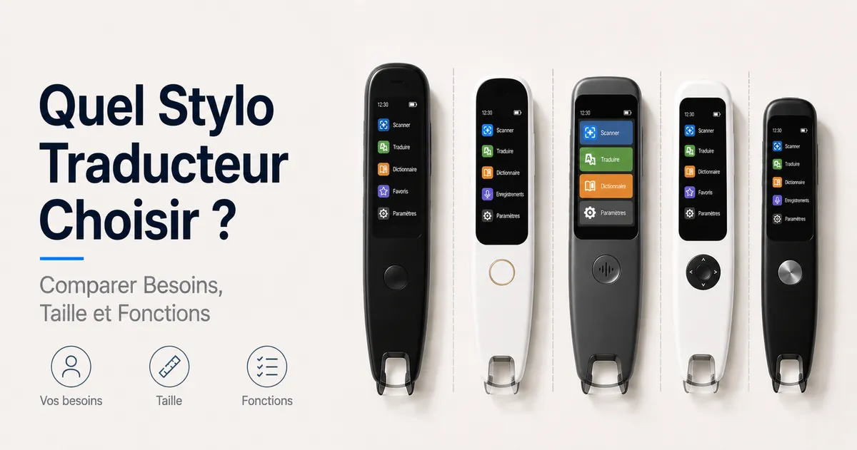 Plusieurs stylos traducteurs disposés pour comparer la taille, l’écran et les fonctions de scan.