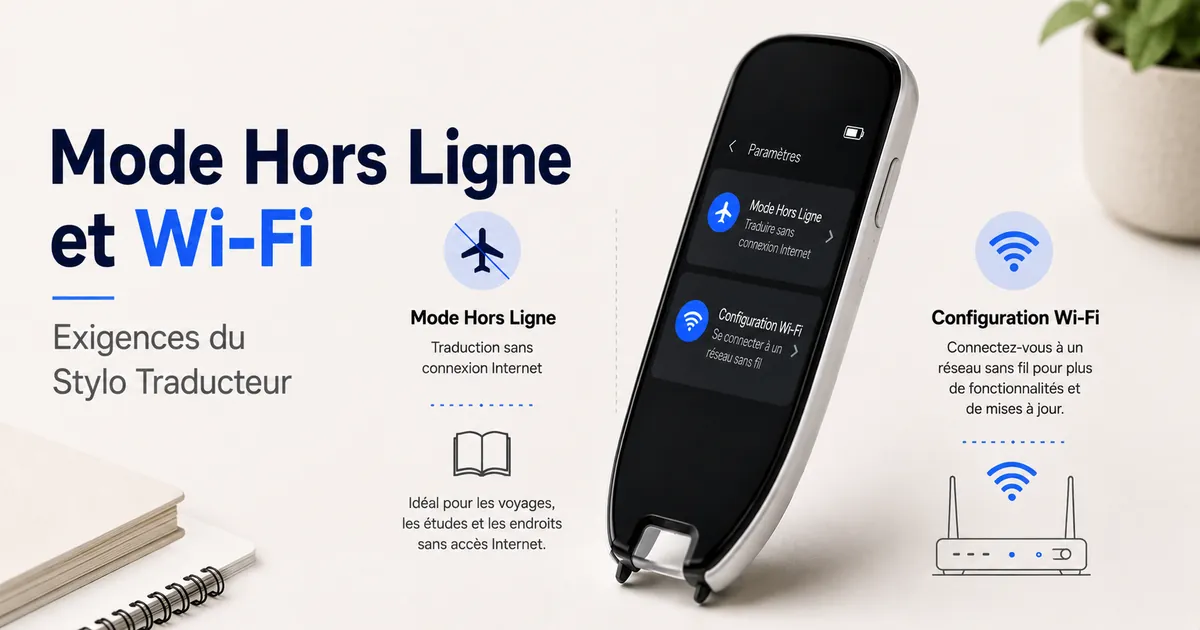 Écran d’un stylo traducteur montrant le mode de traduction hors ligne et des symboles de configuration sans fil.