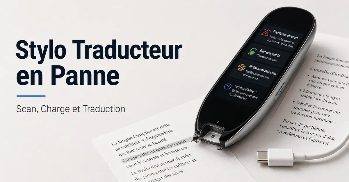 Stylo traducteur affichant un écran de dépannage près d’un texte imprimé et d’un câble de charge.