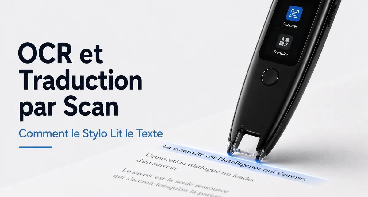 Stylo traducteur scannant une ligne de texte imprimé avec la pointe OCR posée sur la page.