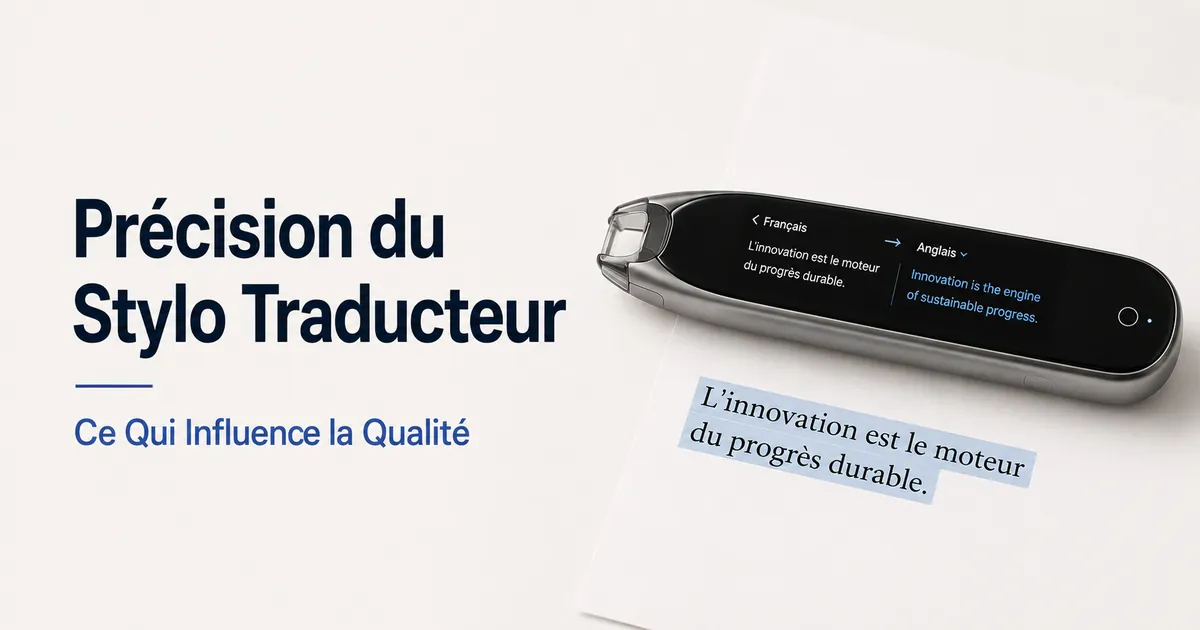 Écran d’un stylo traducteur affichant du texte traduit après le scan d’une phrase imprimée.